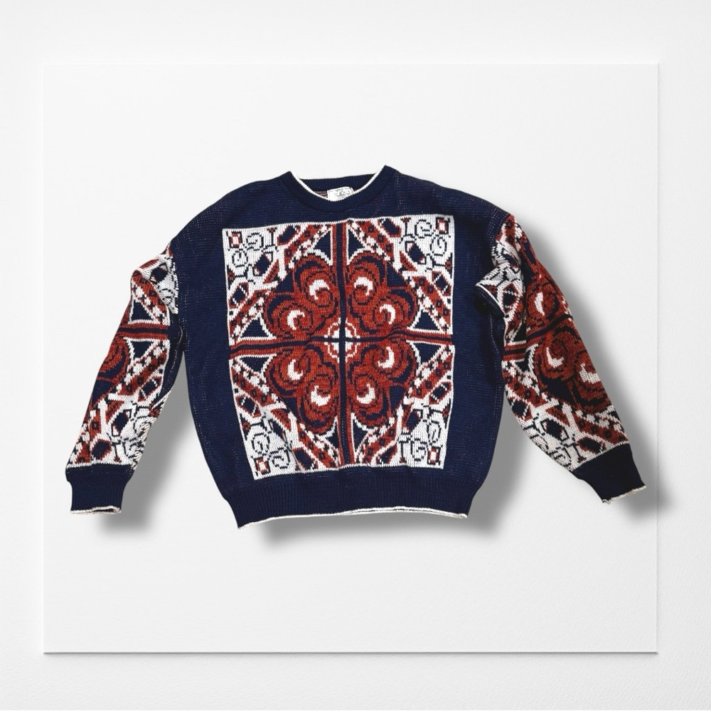 Vintage THE MEN’S STORE Sears Retro Navy and Red Patterned Sweater, Size XL